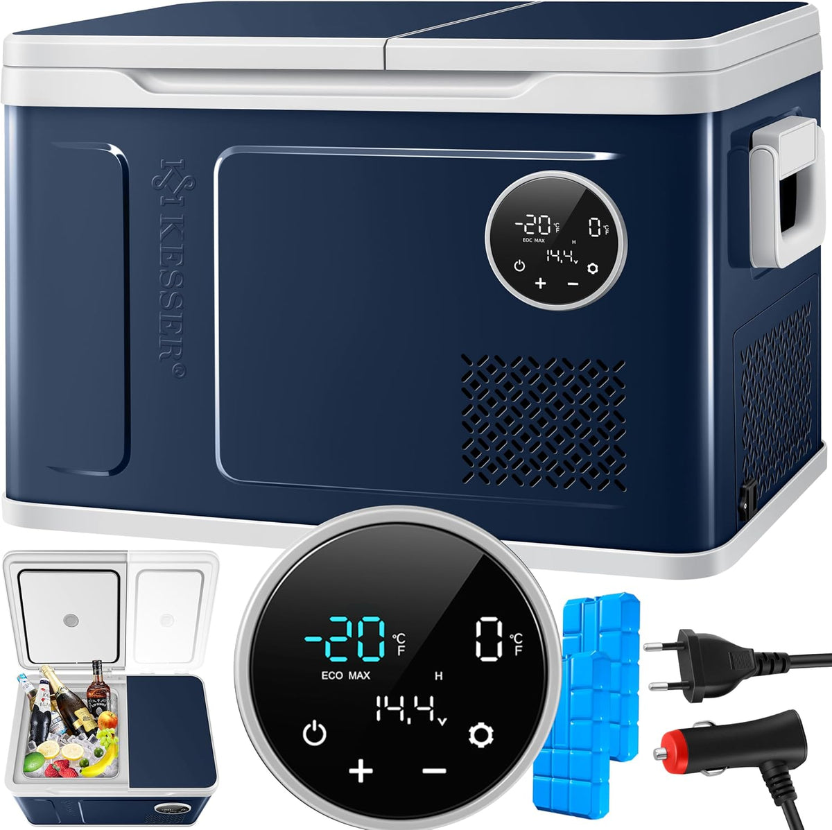 KESSER Kühlschrank, 230 V, 24 V, Blau/Weiß, Kompressor Kühlbox 2in1 Doppelzone Kühl & Gefrierfach, Kühlung bis -20 °C für Camping
