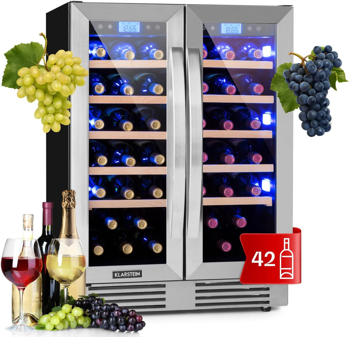 Klarstein Getränkekühlschrank, 126 L, Weiß/Rot, Einbau-Weinkühlschrank, 2 Zonen Klein, Kleiner Weinschrank, Wein-Kühlschrank Klein mit Glastür