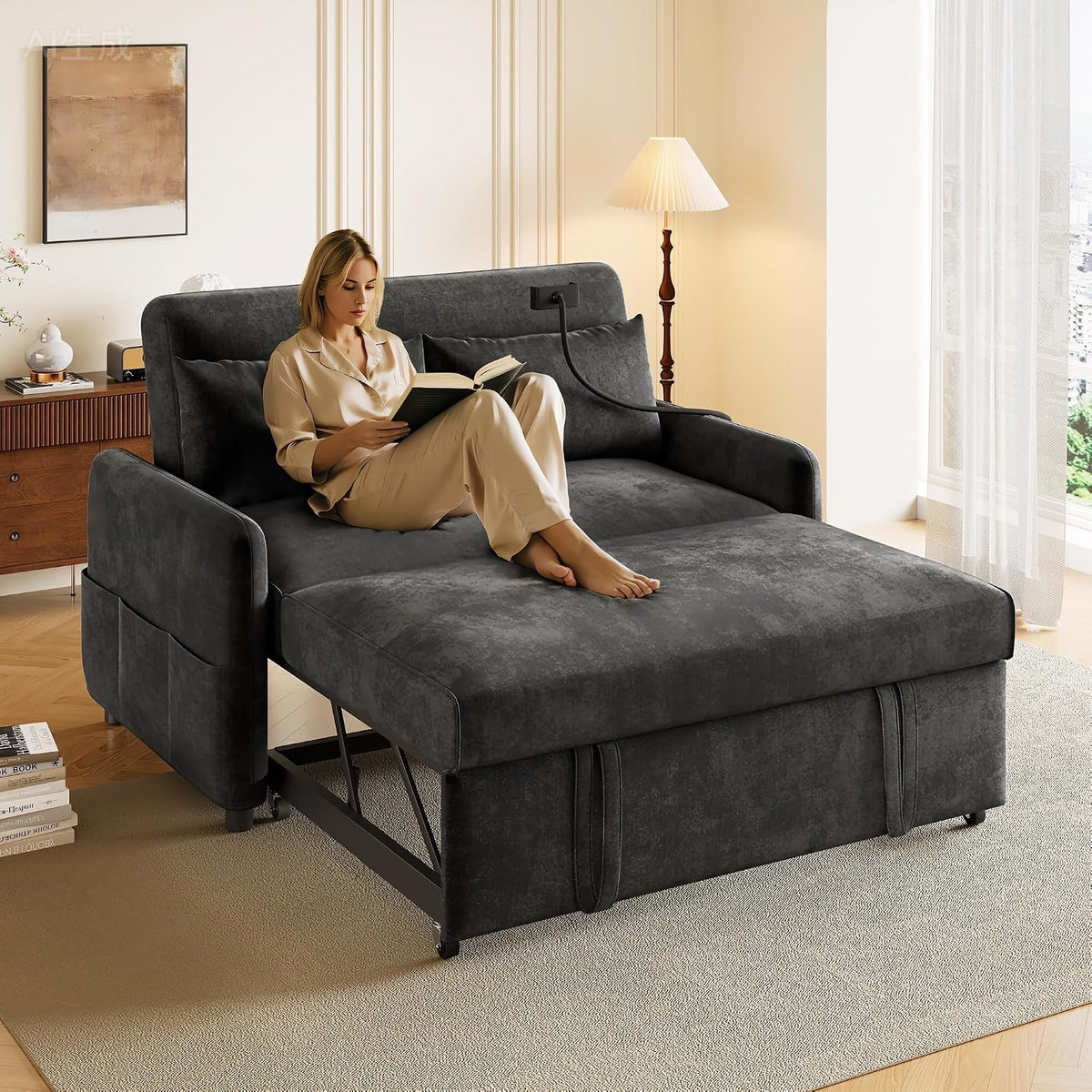 Luscriate Sofa, Schwarz, Modernes Doppel-Klapp mit Schlaffunktion, Verstellbarer Rückenlehne, Handyhalter & USB