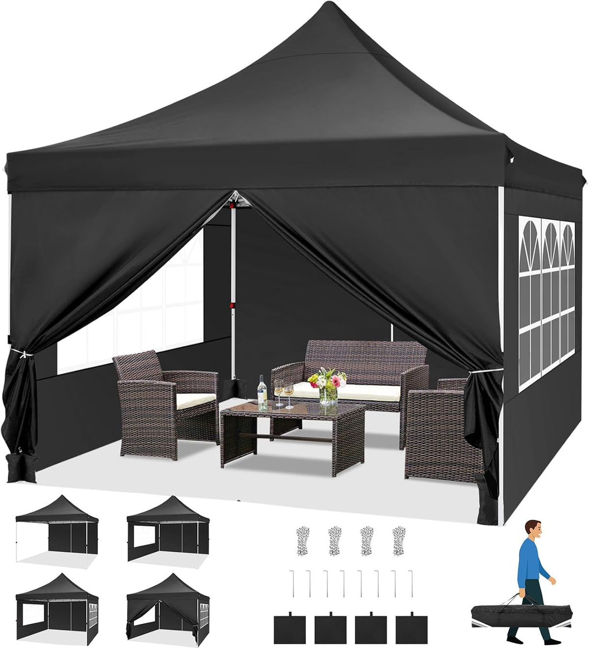 COBIZI Pavillon, Schwarz, Falt 3X3, 3x3m Wasserdicht Stabil Winterfest, Faltbar Partyzelt mit 4 Seitenwänden & 4 Sandsack Pop up