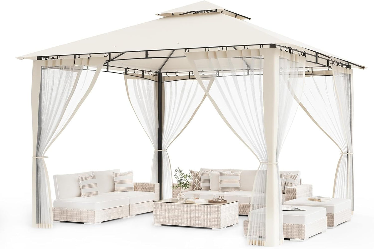 Amopatio Pavillon, 4M, Beige, 3.4x3. Garten Wasserdicht Stabil Winterfest, Doppeldach Garten mit Moskitonetz, Deluxe Patio Gazebo Wetterfest
