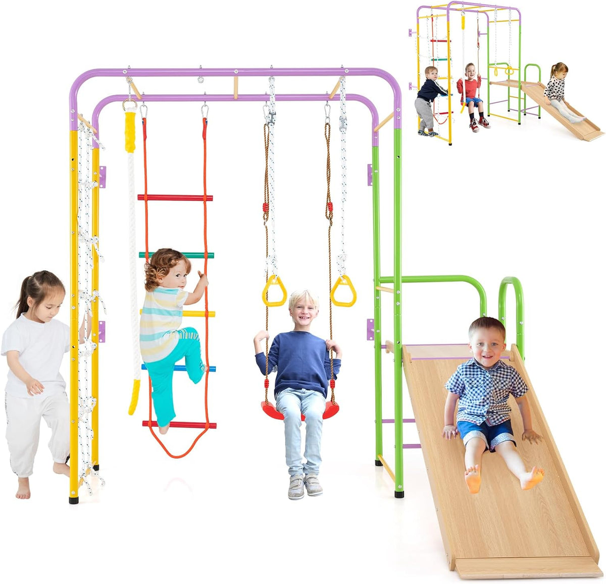 HOMASIS Klettergeräte & Schaukeln, Gelb/Rot/Grün/Violett, Klettergerüst Indoor, 8 in 1 Spielplatz mit Rutsche & Schaukel & Kletterwand &
