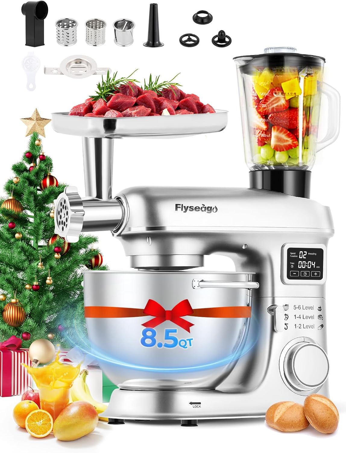 Flyseago Stand Mixers, 2000 W, 1.5 L, Silber/Schwarz, Stand Mixer 8-IN-1 8.5 Qt Multifunctional Fermentation