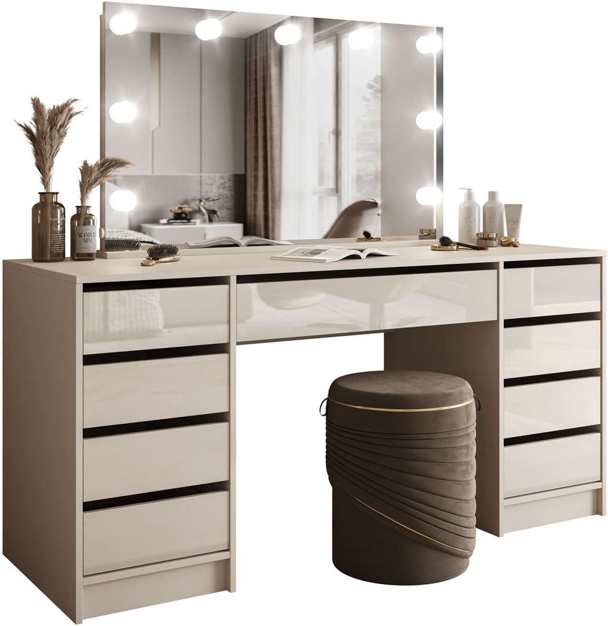Schminktisch Lookway, Kaschmir, MADA Elite II mit LED-Spiegel, Eleganter oder Weiß Hochglanz, Wandmontage, Geräumige Schubladen ( / Hochglanz)