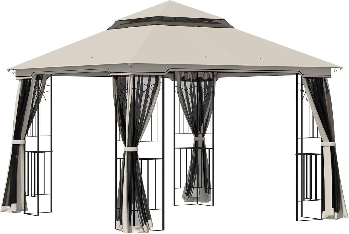 Outsunny Pavillon, 3 m, Beige, Garten Doppeldach 4 x Seitenwände 3 x