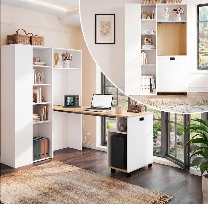 Merax Schreibtisch, Weiß/Holz, klappbarer 2-in-1 mit Ablagen, Steckdose & USB, Kippschutz, Eck- Links, Homeoffice