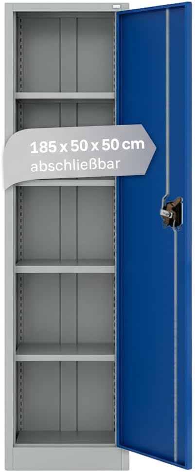 Lager,Zwei Aktenschränke mit Vertikalauszug, 185x50x50 cm, blau, Mehrzweckschrank I Metallschrank, 4 Fachböden I Aktenschrank abschließbar I Robuster