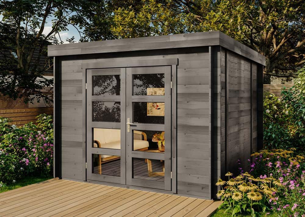 Gerätehaus Alpholz, 28 mm, Anthrazitgrau, Gartenhaus Paloma Sol aus Holz 298x298cmin mit Wandstärke