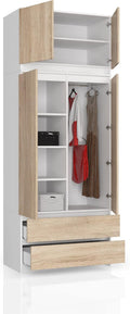 Kleiderschrank BDW, 234x90x51 cm, Weiß/Eiche, mit 4 Türen, 4 Einlegeböden, Kleiderbügel, 2 Schubladen - Aufbewahrungsschrank - Moderner Schrank