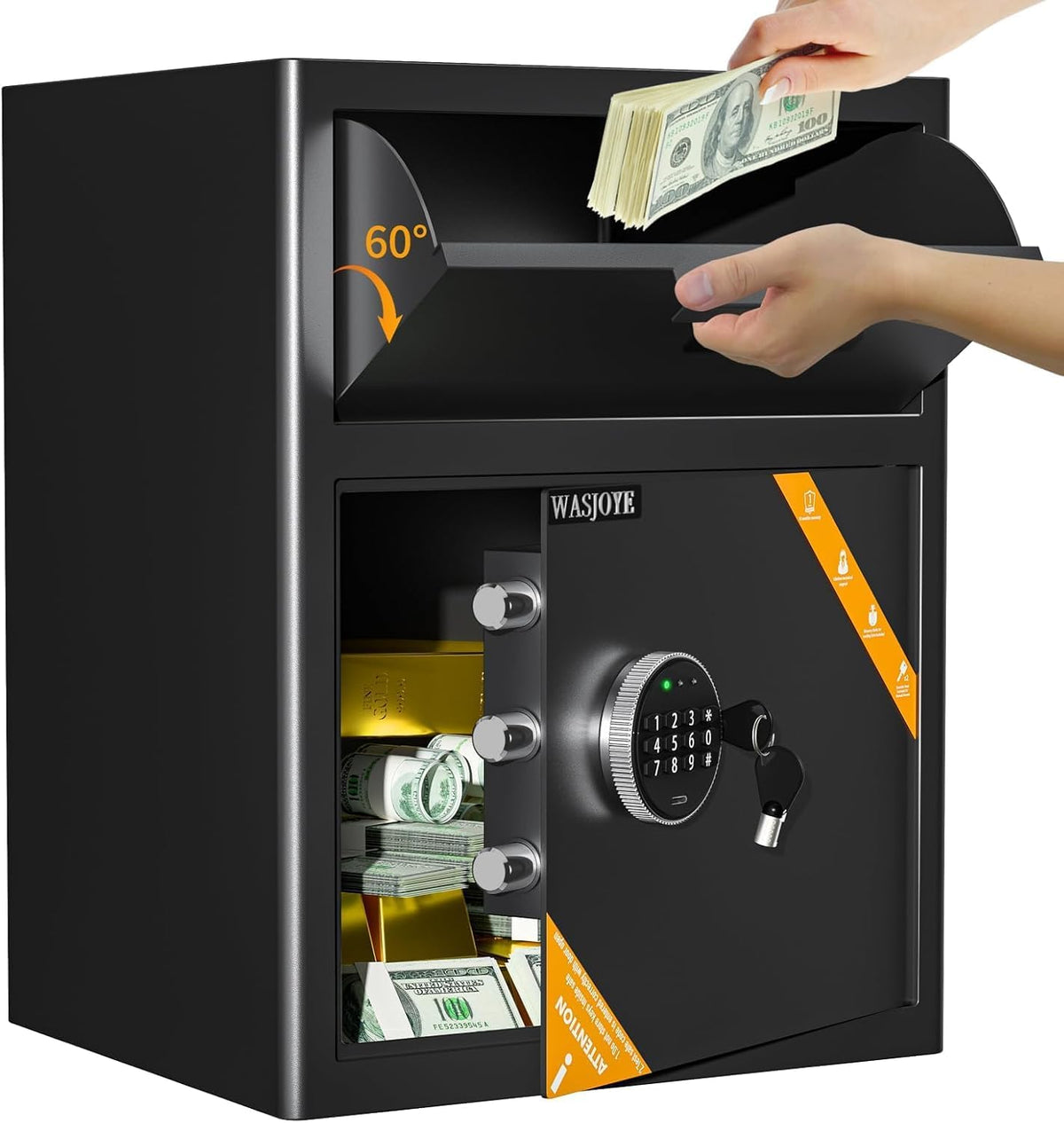 WASJOYE Schlitzsafes, 35 cm, 70 L, Schwarz, Einwurftresor, Deposittresor, Tresor mit Einwurfschlitz, Briefkasten Safe