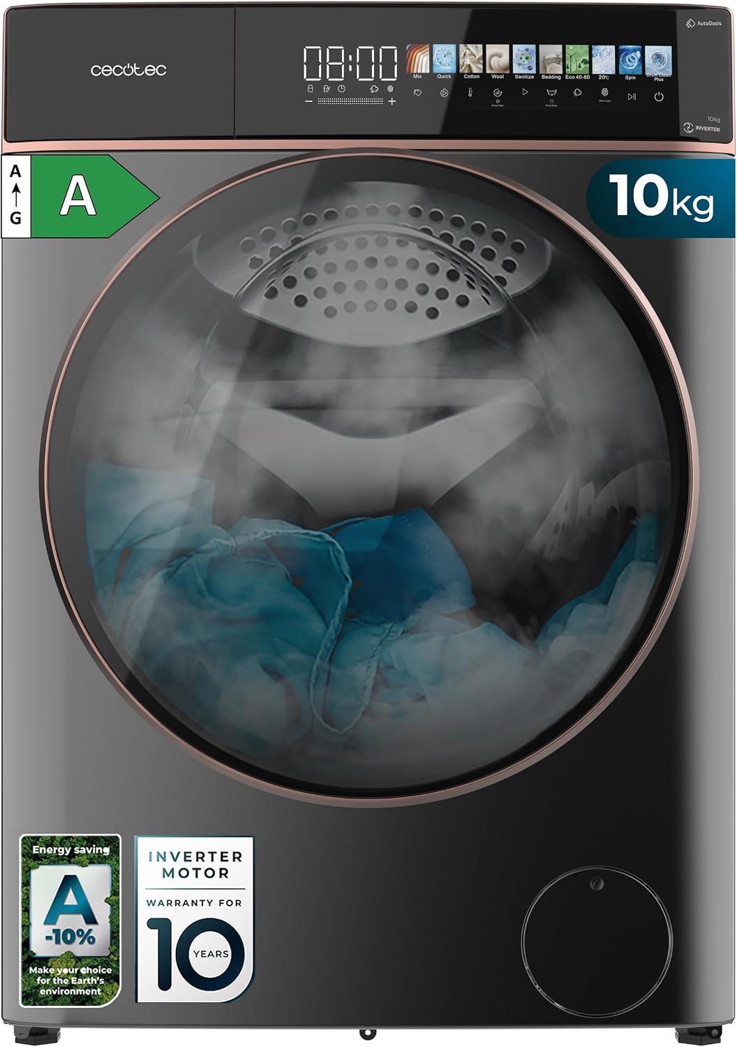 Cecotec Waschmaschine, 10 kg, Weiß, Bolero DressCode 10900 Autodose Inverter FullColor Steel A, Energieklasse A-30%