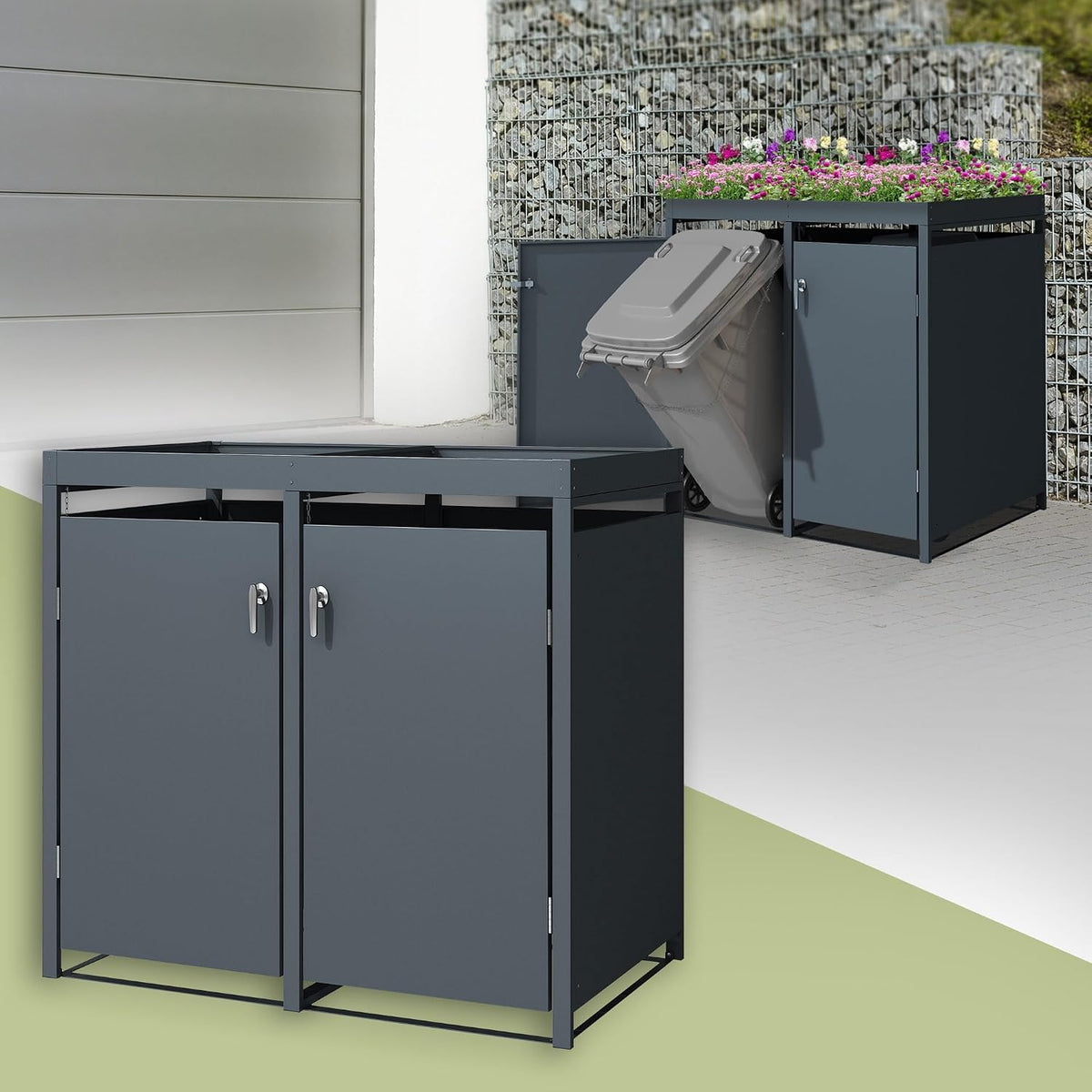 ML DESIGN modern living Mülltonnenbox, 132x80x124 cm, 240 L, 2 M, Anthrazit, ML- 2er mit Pflanzdach für ülltonnen