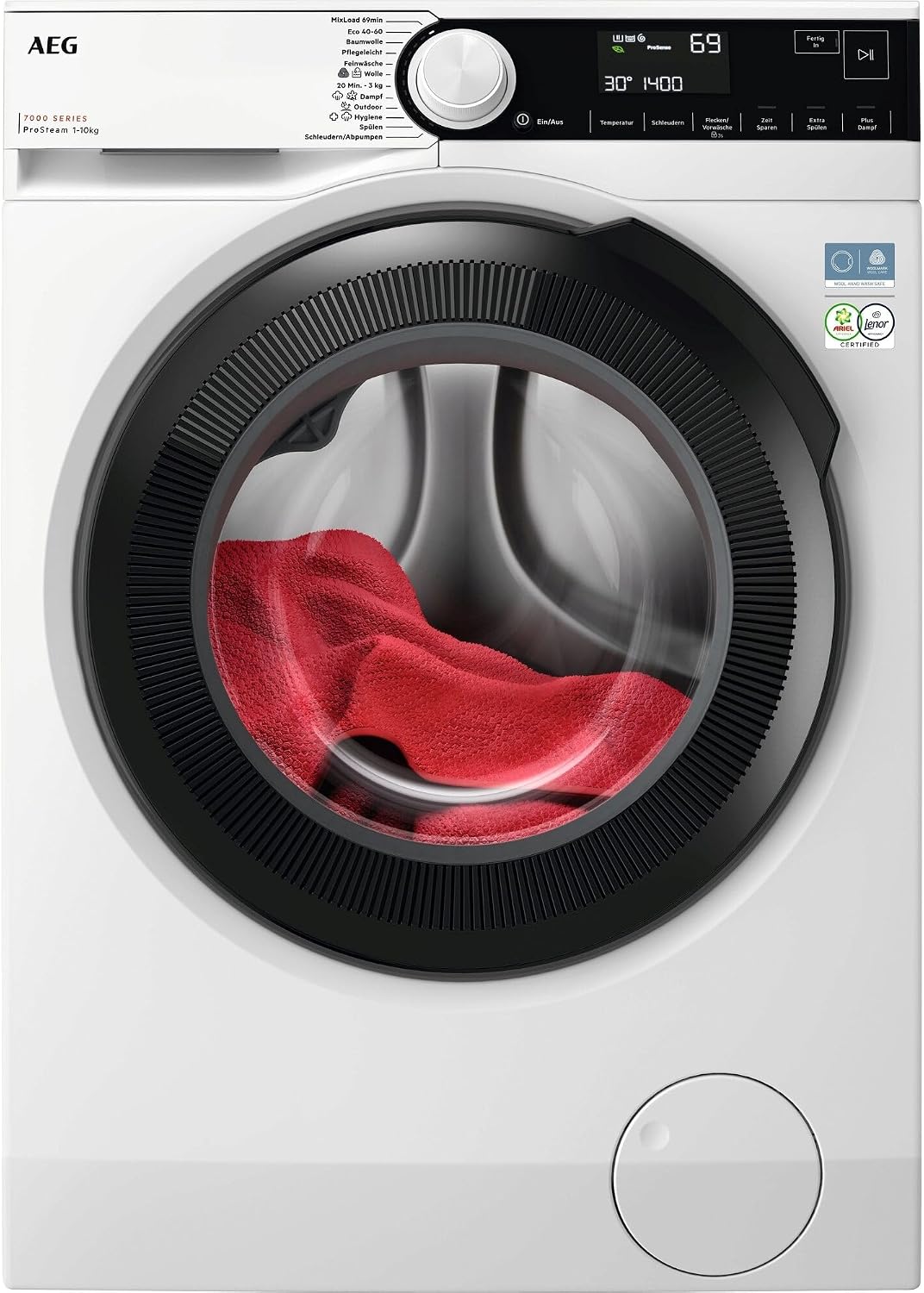 AEG Waschmaschine, 10 kg, weiß/schwarz, Serie 7000 ProSteam-Auffrischfunktion mit Dampf, A-30%, Leise, Mengenautomatik