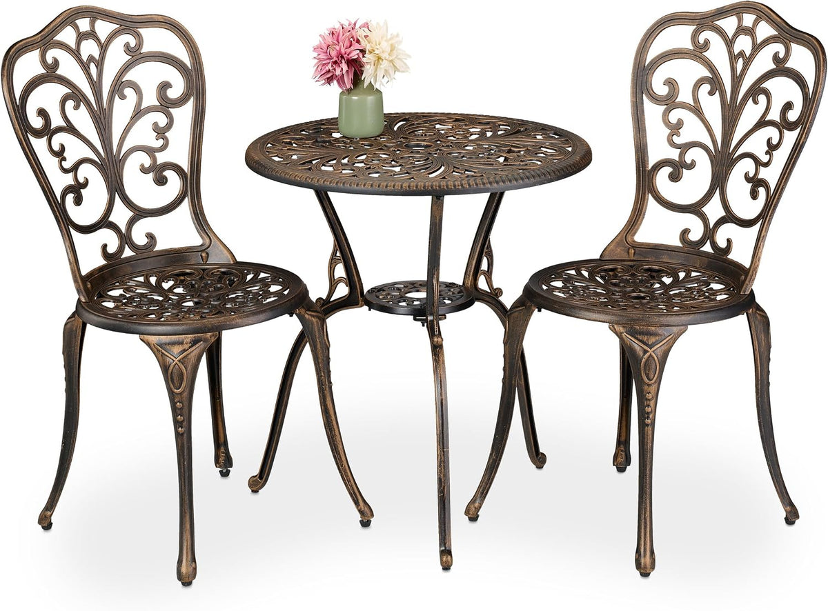 Gartenmöbel-Set Relaxdays, schwarz, Gartenmöbel Set 3-teilig, Tisch, 2 Stühle, Aluguss, Balkonmöbel Antikdesign