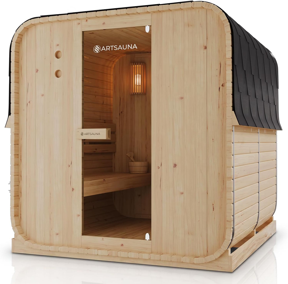 Artsauna Sitzbank, 8 kW, Weiß, Fasssauna Nolvik XL, Outdoor-Sauna aus Fichtenholz, Ofen, Komplettset mit Sanduhr