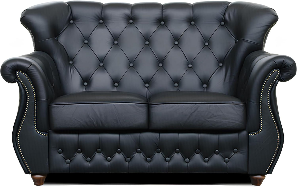 Sofa FIRLEY-DESIGN, Schwarz, Chesterfield London 2-Sitzer, Leder mit Knopfheftung & Weich Gepolsterten Armlehnen