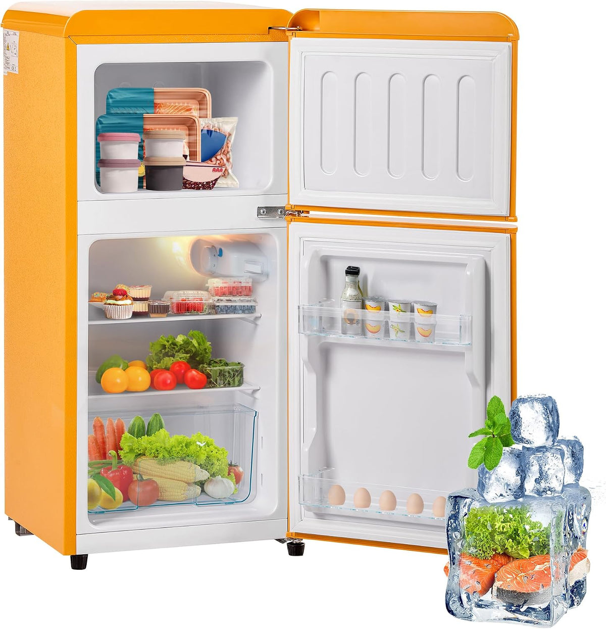 ACAGALA Kühlschrank, 88,8 x 45,5 x 42,5 cm, 38 Liter, 22 Liter, Weiß, Kleiner mit Gefrierteil Oben, Kühleil, Retro Kühl mit 2 abnehmbaren Regalen