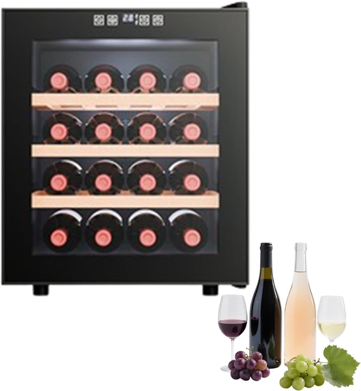 Weinkühlschrank, 105 W, Buchenholzregale/Edelstahl, Schwarz, VollglasDesigntür mit Touchpanel, Geräuscharm 16Bottle