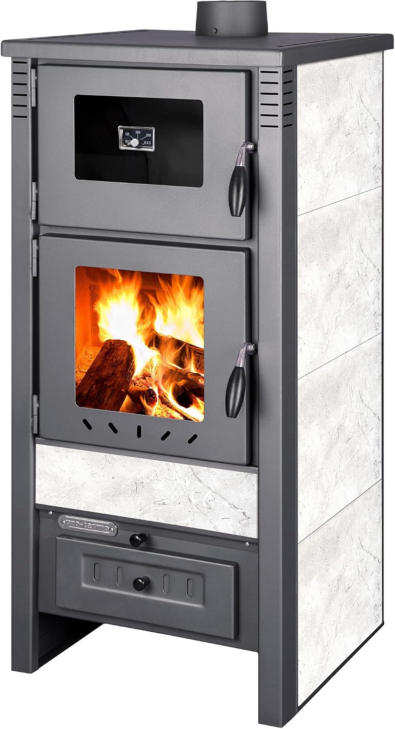 ProTermo Kaminofen, 52 x 50 x 107 cm, 12 kW, Schwarz/Weiß, Taurus Weiß mit Backfach und Thermometer