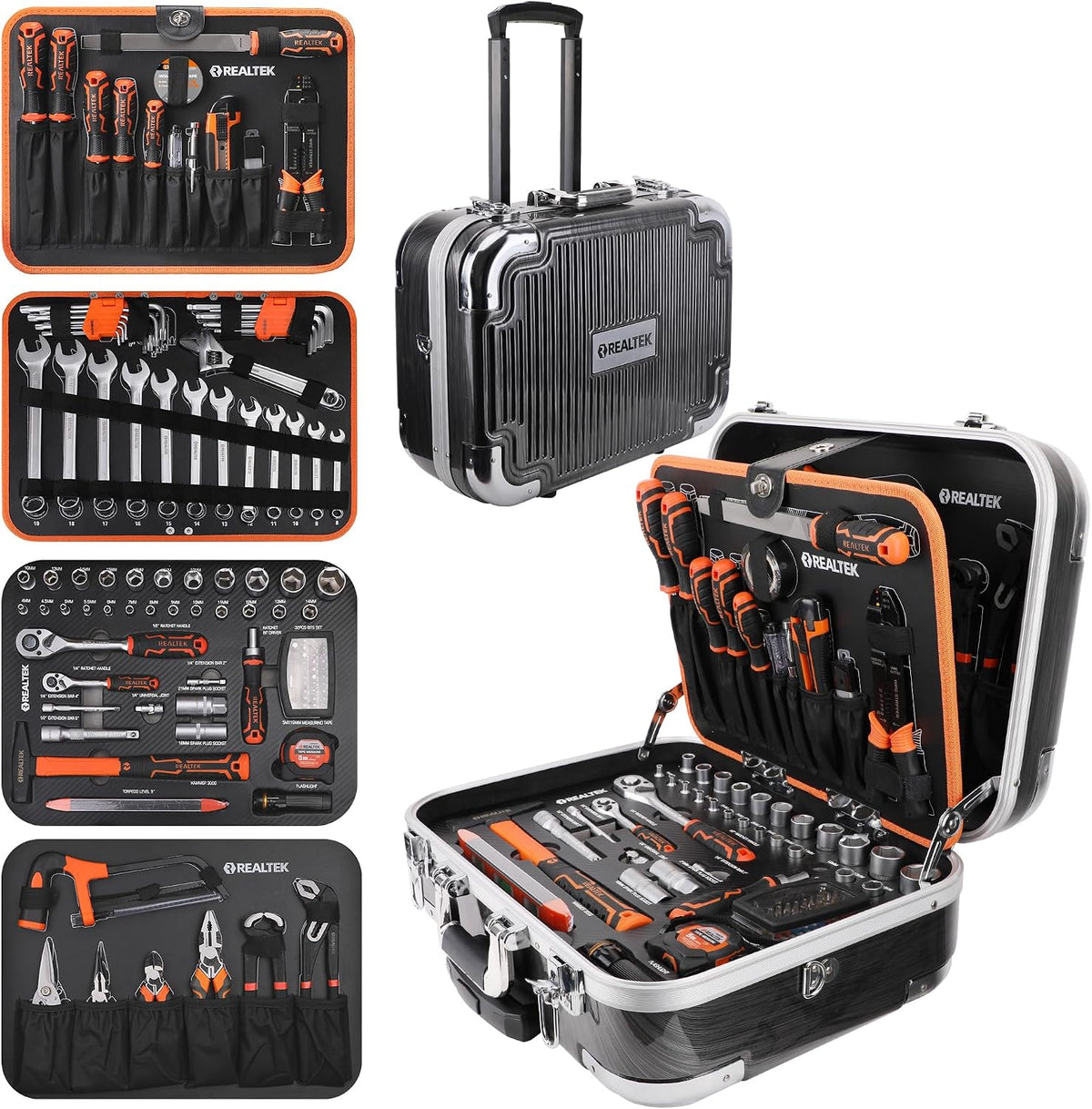 REALTEK Werkzeugkasten, Schwarz, Werkzeugkoffer 123 tlg Werkzeug Set mit Trolley-Funktion