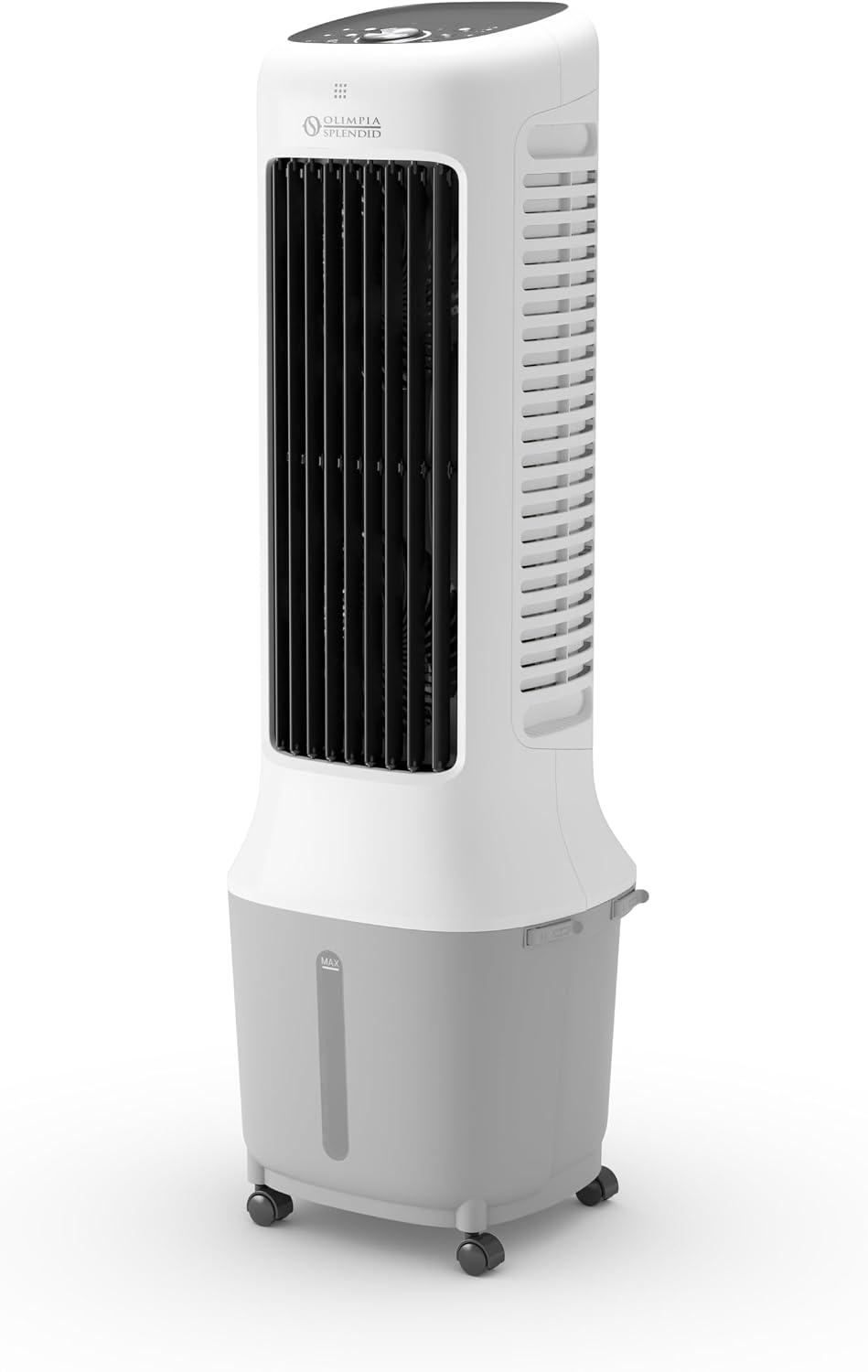 Olimpia Splendid Mobiles Klimagerät, 10 Liter, Weiß/Grau, Peler Tower 10 Turm-Verdunstungskühler, Luftreiniger mit Verdunstungspanel