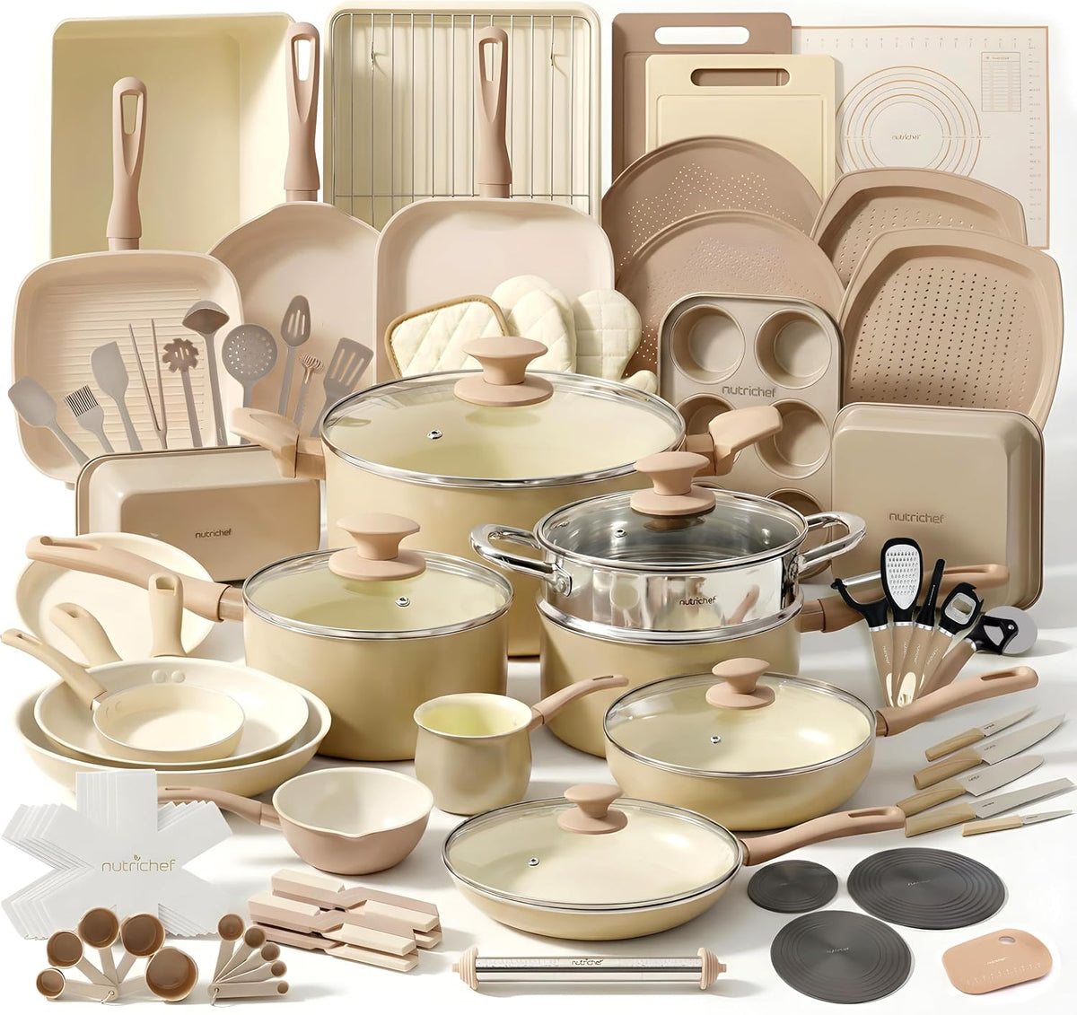NutriChef Backofen, Creme, Topfset & Pfannenset Induktion 75-teiliges Kochgeschirr, Kochtopf Set mit Wok, Grill- und Crêpepfanne