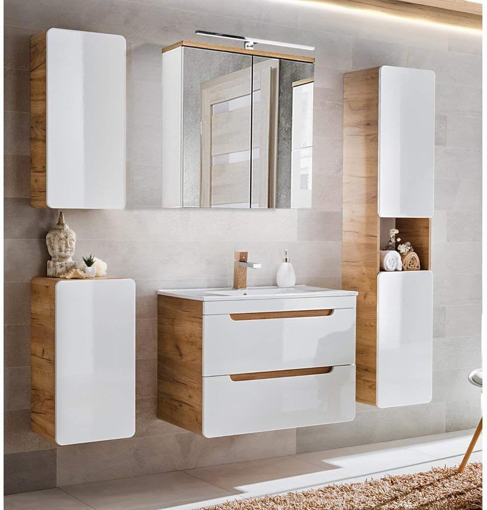 Lomadox Komplettprogramme, 80 cm, Eiche, Badmöbel Komeplett-Set, Hochglanz weiß mit Wotan Nb., Waschtisch-Unterschrank mit Keramik-Waschbecken