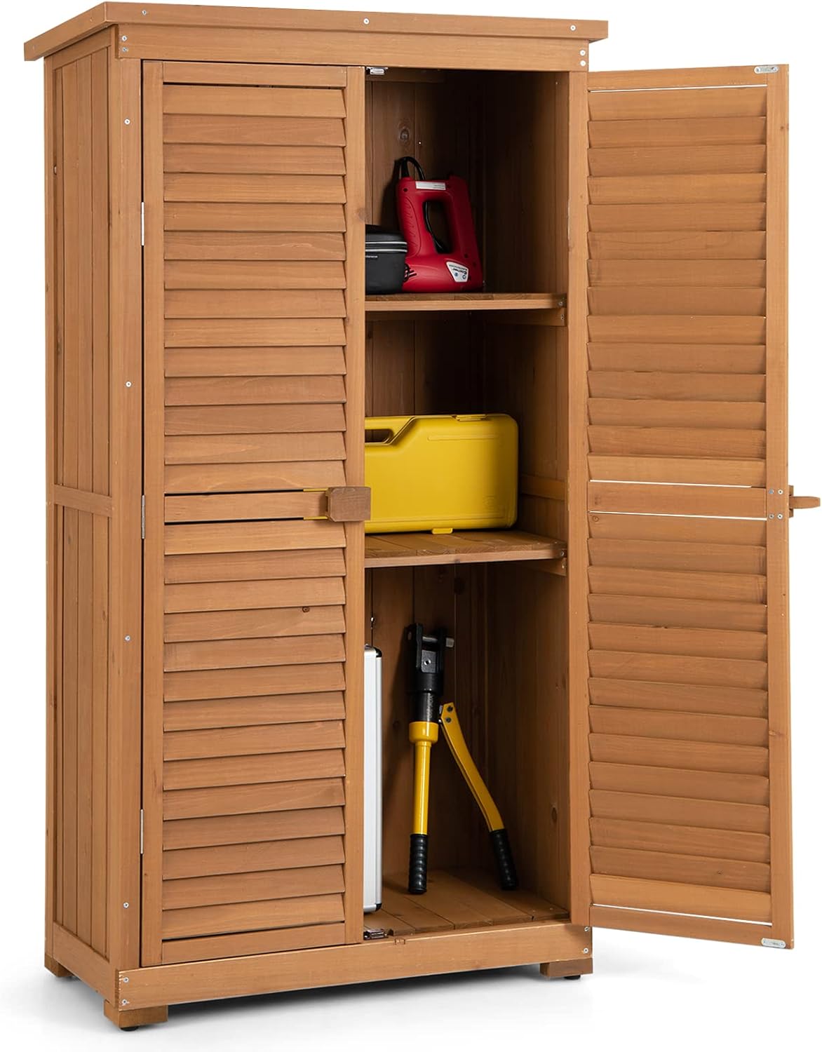 Gerätehaus COSTWAY, 82x42x160 cm, Tannenholz, Grau, Gartenschrank Holz, wetterfest, Geräteschuppen mit 3 herausnehmbaren Regalen