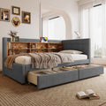 Jovify Bett, Grau, Kinder Polster 90x200, Einzel Tages mit Staufach&Ladestation&2 Schubladen, Leinen, Ohne Matratze