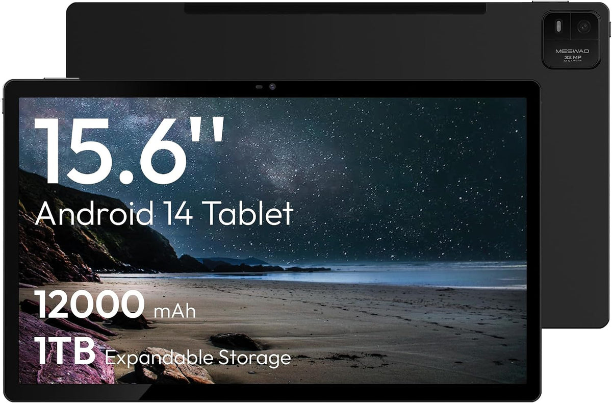 MESWAO Tablet, 15,6 Zoll, 30 W, Schwarz, 2025 Neuer Großes s mit -Schnelllademodus, Helio G99 Octa-Core, 8GB RAM+256GB ROM(1TB TF)