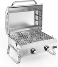 onlyfire Gasgrill, 46x35 cm, 4.7 kW, Grau, Tisch 2 Edelstahlbrennern, Tischgrill mit Deckel, Grillrost, Thermometer