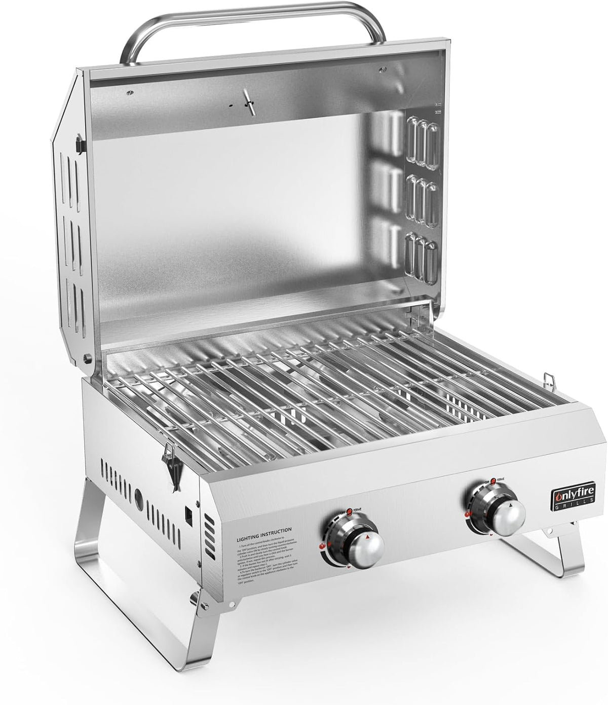 onlyfire Gasgrill, 46x35 cm, 4.7 kW, Grau, Tisch 2 Edelstahlbrennern, Tischgrill mit Deckel, Grillrost, Thermometer