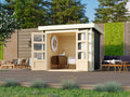 Karibu Gerätehaus, 242 x 217 x 211 cm, 5,26 m, 19 mm, Holz/Weiß, Gartenhaus, mit Wandstärke, Doppeltür mit Lichtausschnitten + Fenster