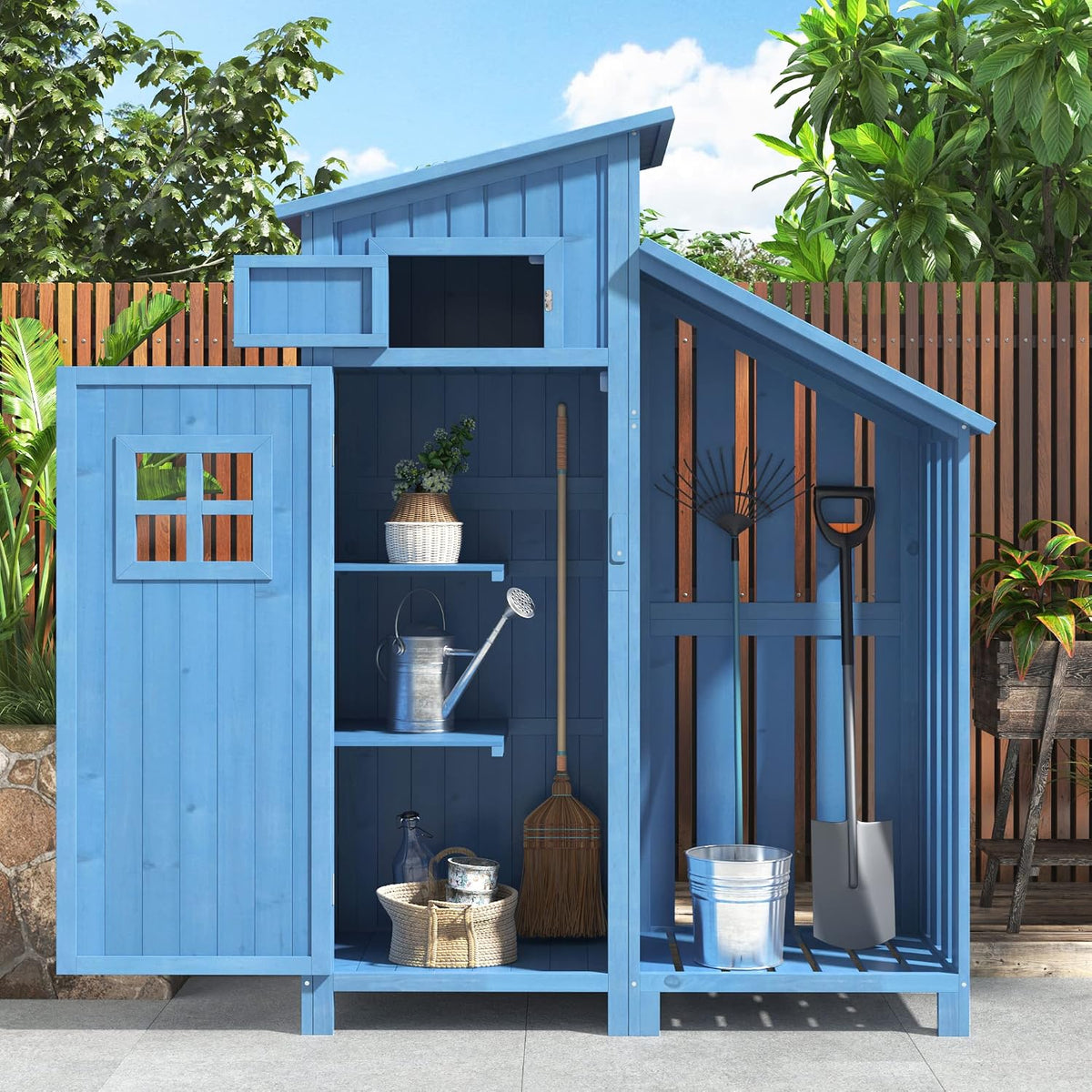 Gerätehaus MYBOO, 124x46x174 cm, Blau, Gartenschrank Geräteschuppen mit Drehbarer Riegel, Pultdach und 2 Ablagen