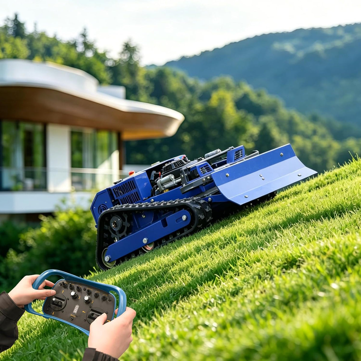 AIWEIYA Mähroboter, 21,6 Zoll, Blau/Schwarz, Rasenmäher für Raupen, ferngesteuert, 4 × 4, Hybrid, Benzin-Elektro