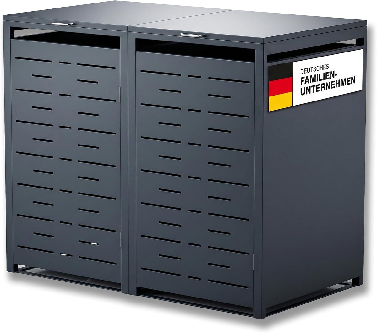Metzler Mülltonnenbox, 240 L, Anthrazit, 2er mit horizontalen Designlinien, Metall Mülltonnenverkleidung für 2 Tonnen abschließbar