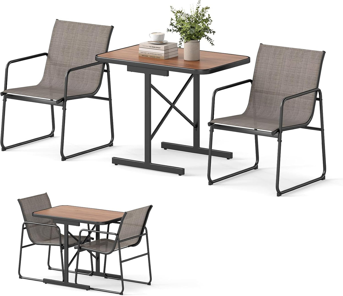 Gartenmöbel-Set KOMFOTTEU, Stoff, Metall., Natur, Gartengarnitur, 3-TLG. Gartenmöbel Set, Balkonset mit 1 Esstisch und 2 Stoffstühlen