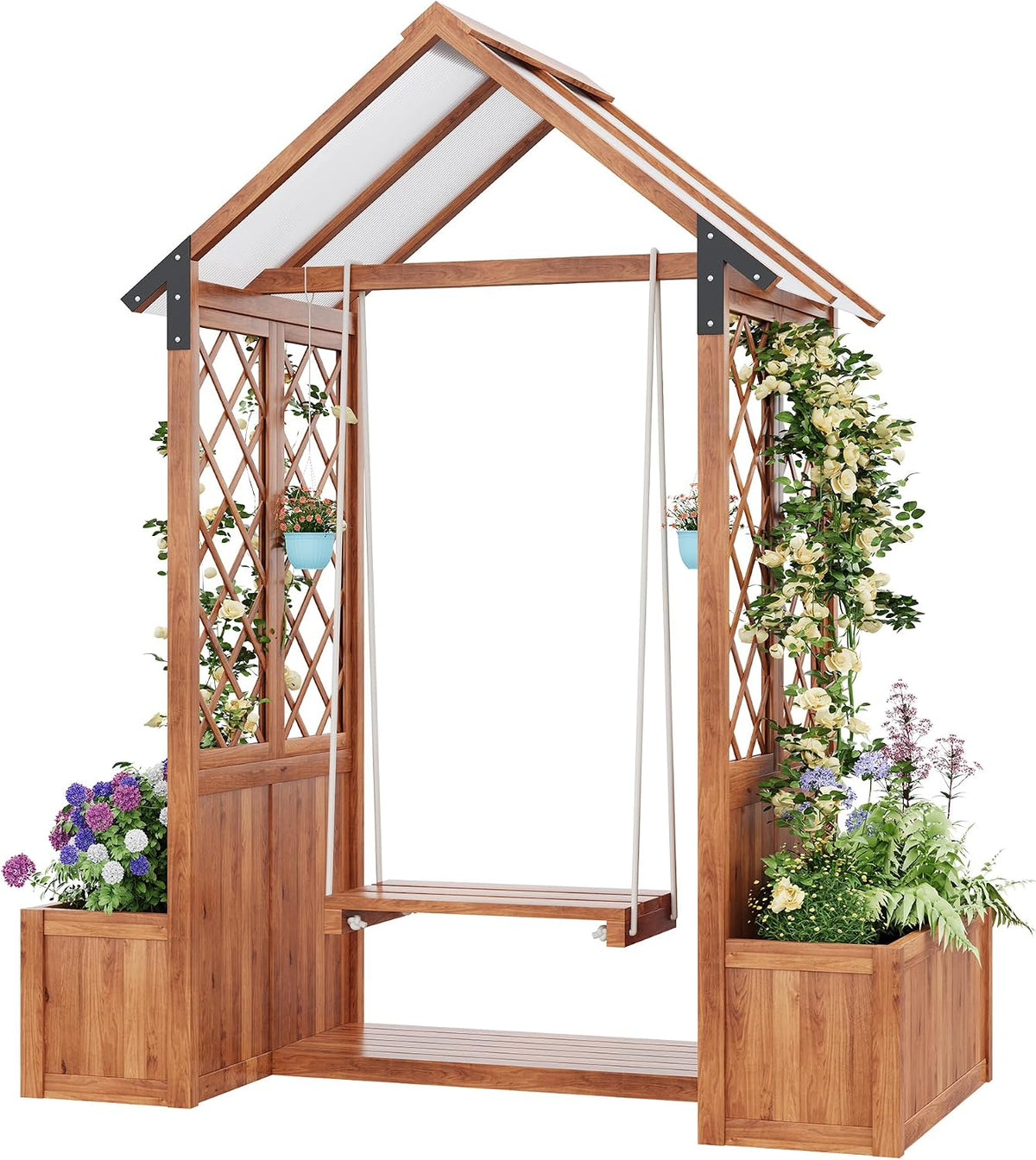 Essgruppe, 163x142x70 cm, Braun, Generisch Großer Pflanzkübel mit Rankgitter & Sonnendach, Massivholz-Schaukelkombi für Garten