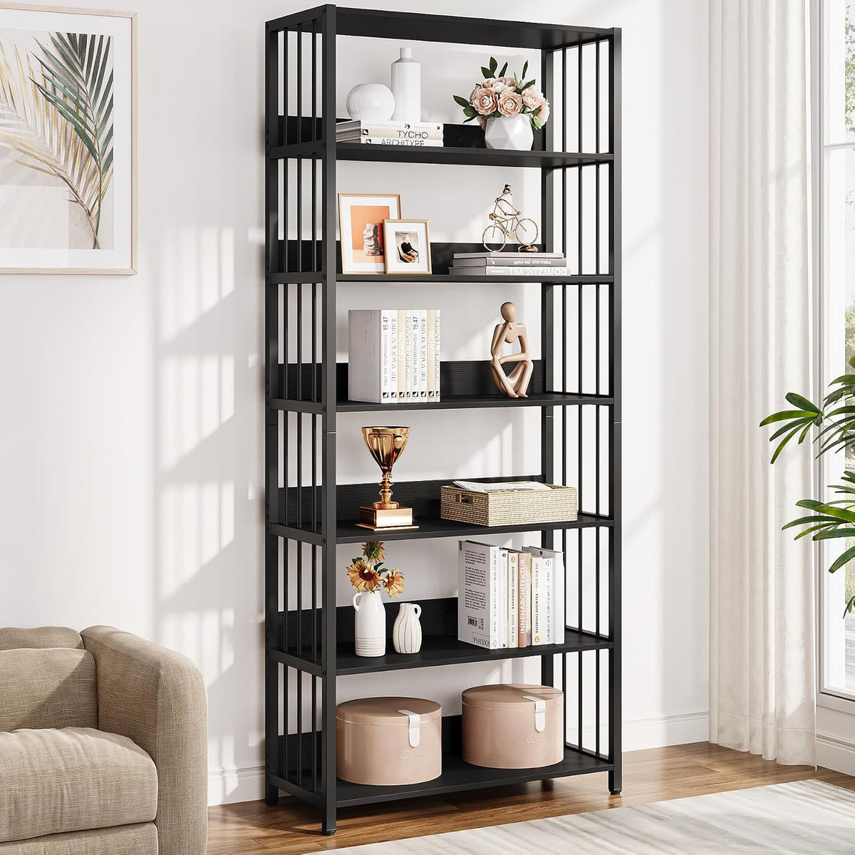Tribesigns Bücherregal, 190 cm, Schwarz, mit 6 Ebenen, groß Industrielles Standregal, 30 * 80 *, Bücherschrank Lagerregal