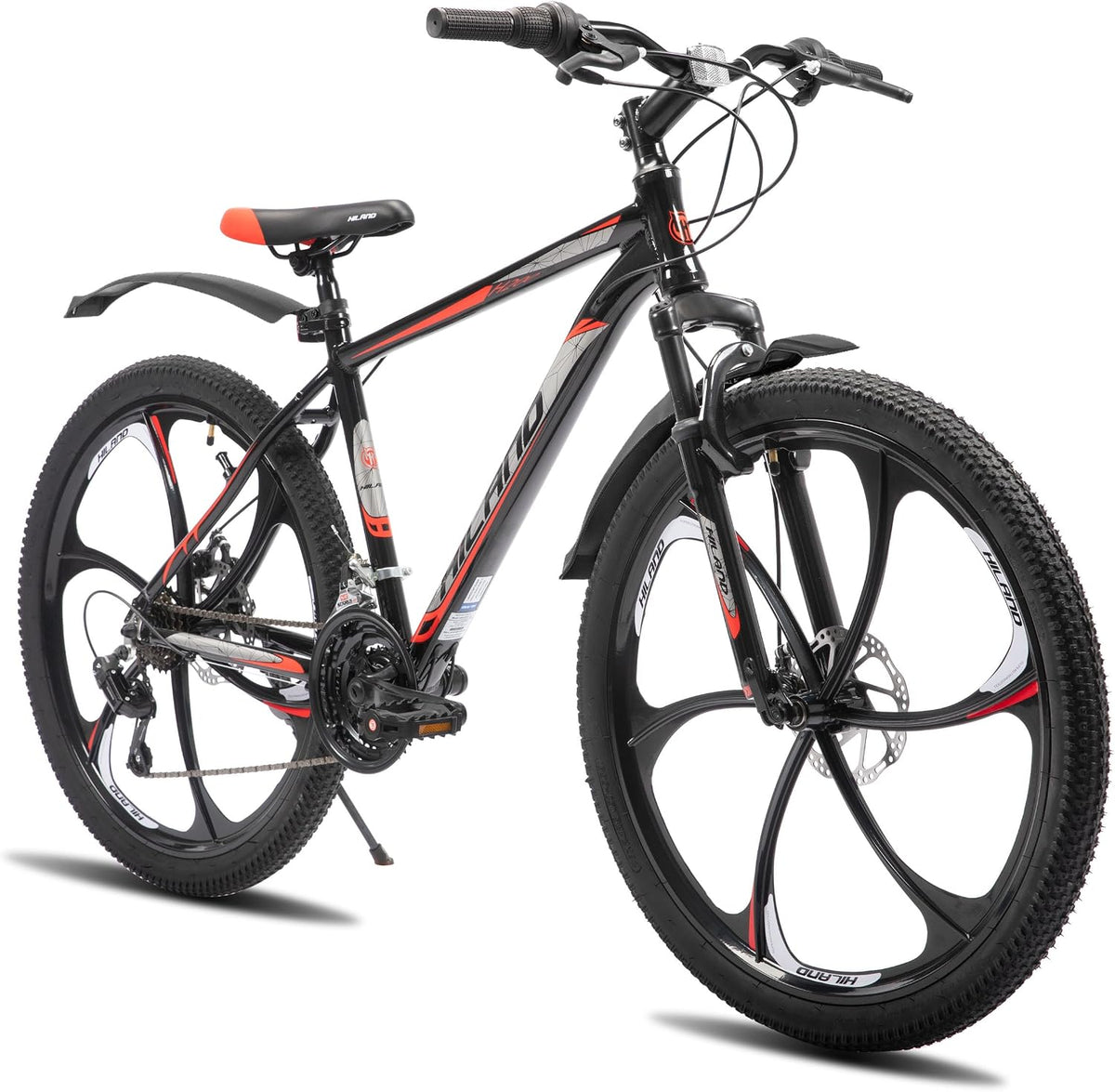 HH HILAND Mountainbike, 26 Zoll, Schwarz/Rot/Weiß, für Erwachsene, 3/6 Speichenrad 18 Gang Herren Damen mit, MTB Aluminiumrahmen Fahrrad
