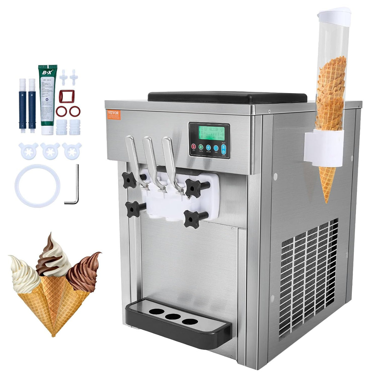 VEVOR Eismaschine, 1800 W, 1,8 L, 4 L, Silber/Weiß, Kommerzielle, 3-Geschmacksrichtungen, Soft Arbeitsplatte, 2 x Trichter