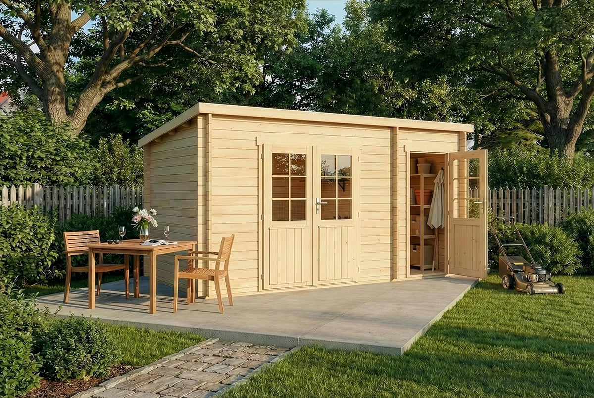 Gerätehaus Alpholz, 450x272 cm, 40 mm, Natur, Gartenhaus Maria aus Holz belassen Wandstärke
