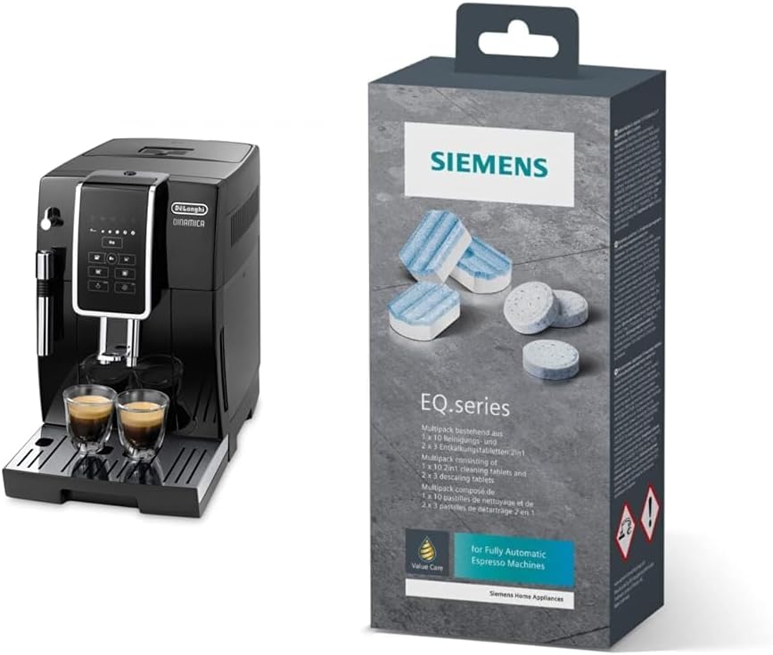 De'Longhi Kaffeevollautomat, Schwarz, Dinamica ECAM 350.15.B mit Milchaufschäumdüse & Siemens, Inhalt: 1 x 10 Reinigungstabletten (je 2