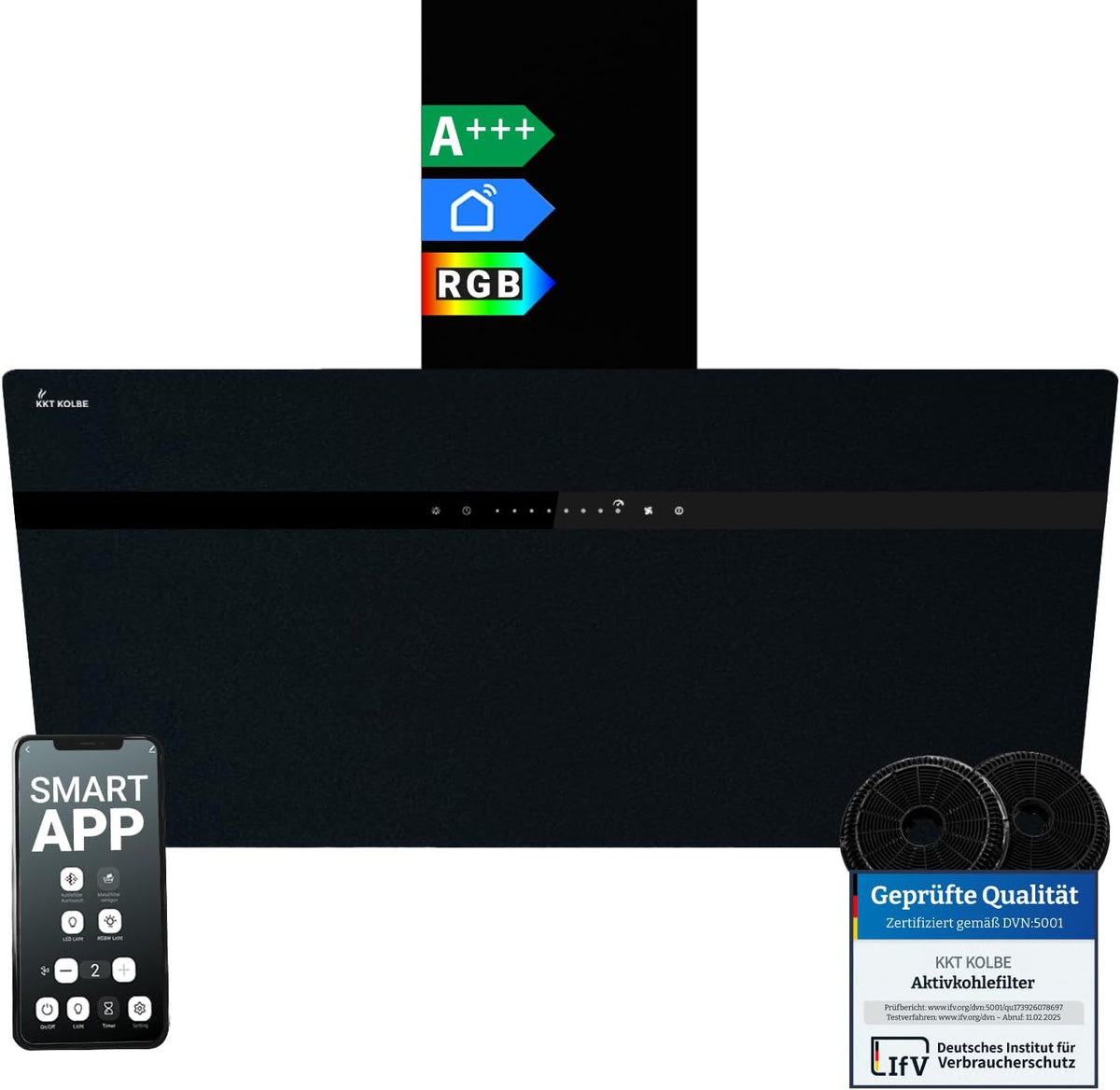 KKT KOLBE Dunstabzugshaube, 90 cm, Schwarz, A+++ 782 cbm/h Kopffreie Wandhaube Edelstahl es Glas WLAN