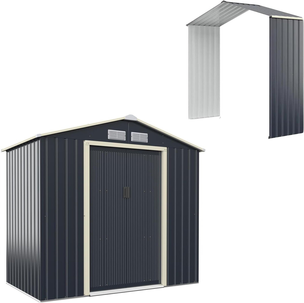Gerätehaus HOMASIS, 213x191x195 cm, 4 L, farbiges Stahlblech + verzinktes Rohr + PP-Luftleitblech, Grau