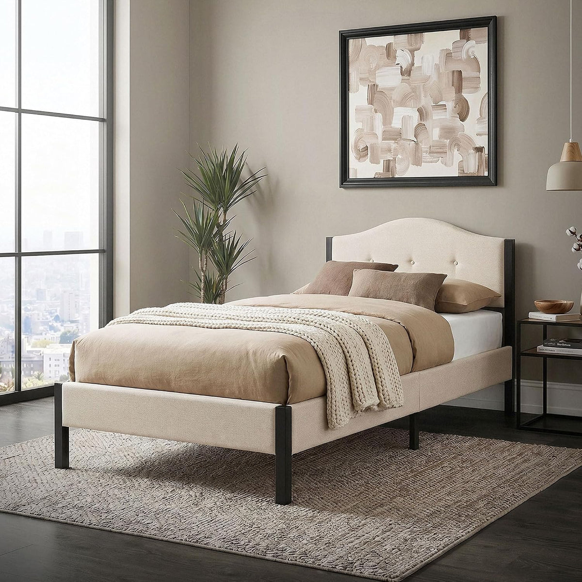 ML DESIGN modern living Bett, 90x200 cm, Beige, ML- Polster, Einzel mit stabilem gestell, rahmen mit gepolstertes Kopfteil & Lattenrost