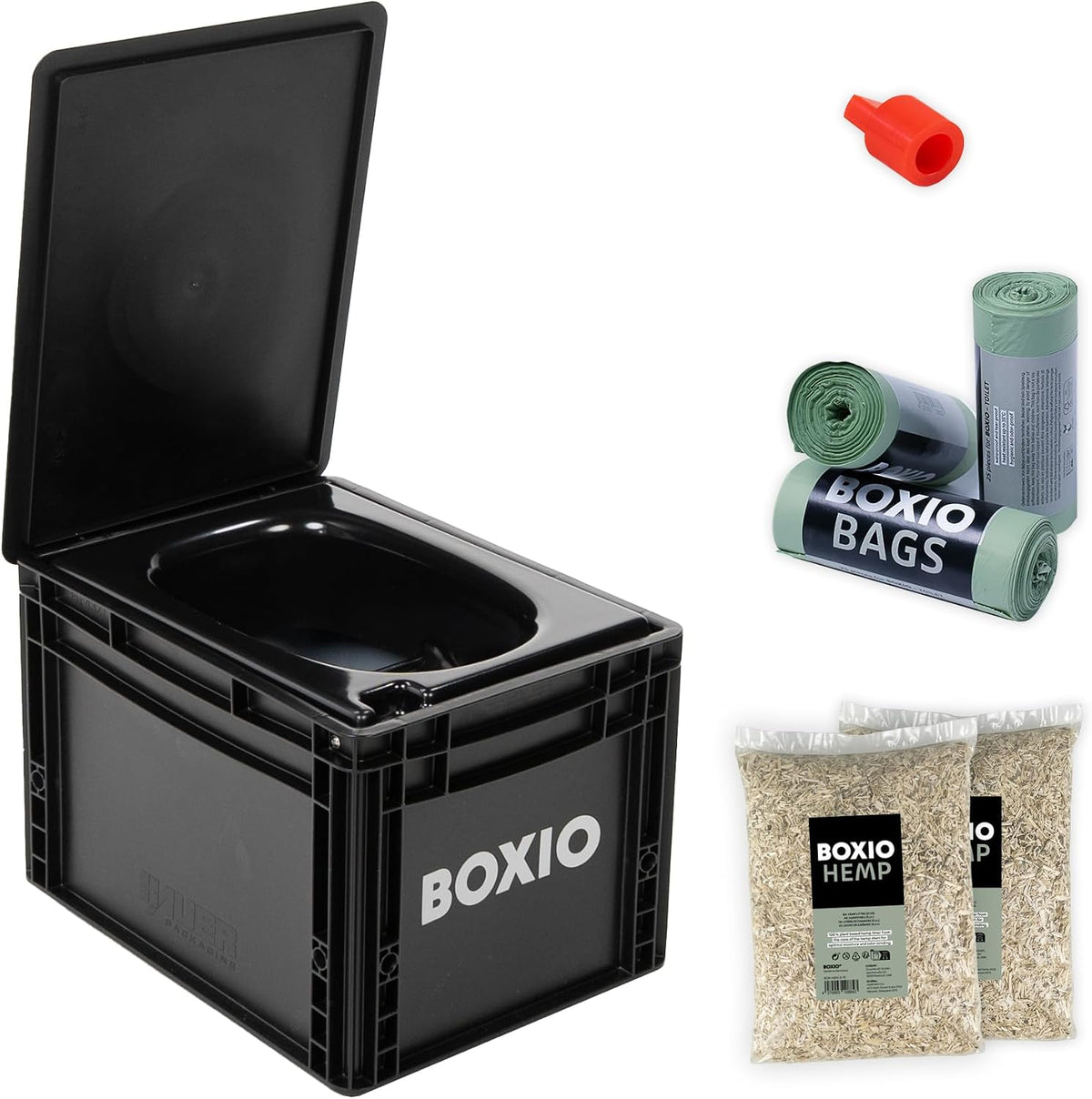BOXIO Camping-Toiletten, Schwarz/Grün/Rot, Toilet Plus: Campingtoilette Starter Kit mit Hemp, Plug & Bags, Outdoor