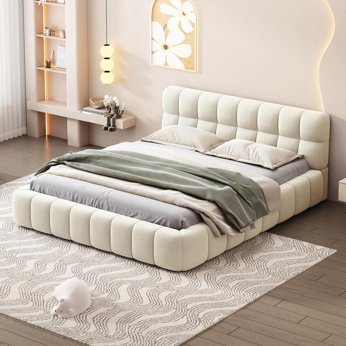 DAHUEN Bett, 160x200 cm, Beige, Polster 160x200 mit Lattenrost, Doppel, Bubble, mit Gepolstertes Kopfteil, Baumwoll- und Leinenmaterial