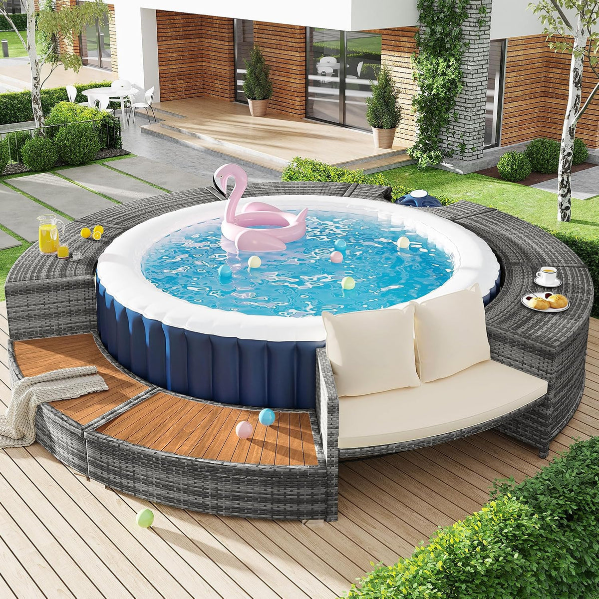 Merax Gartenmöbel-Set, Grau, Whirlpool Umrandung mit Stauraum und Sitz, Rund Spa Schwimmbecken Poolumrandung mit 2 hölzernen