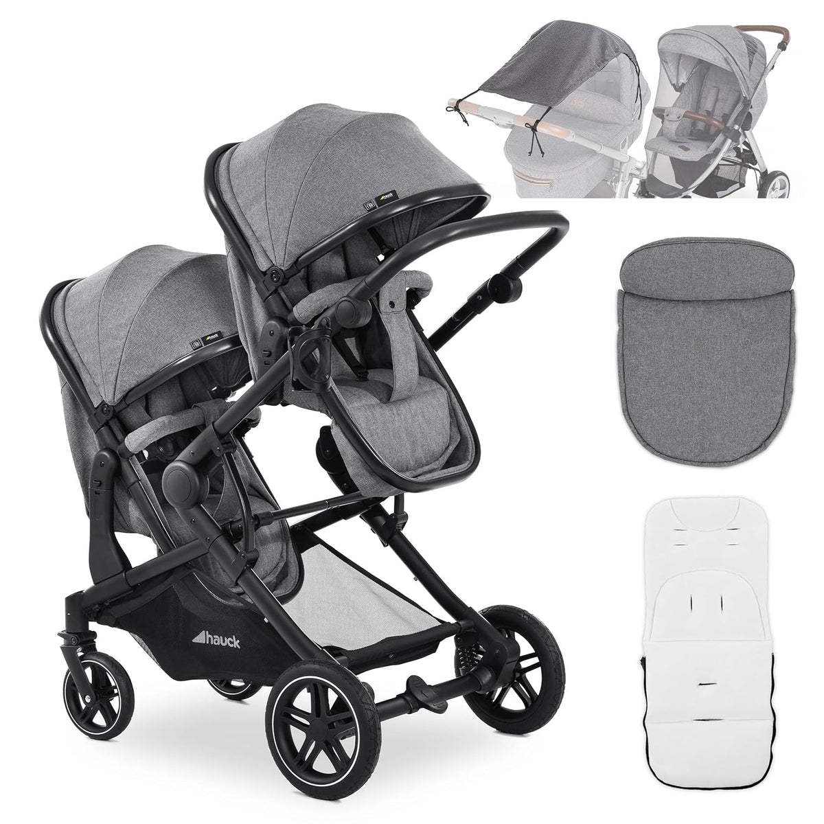 hauck Zwillings- & Geschwisterwagen, Grau, Zwillingskinderwagen Atlantic Twin ab Geburt, 2 Babywannen zu drehbaren Sportsitzen mit Liegeposition